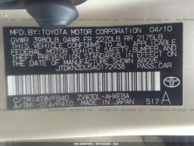 Photo 8 VIN: JTDKN3DU5A0172938 - TOYOTA PRIUS 