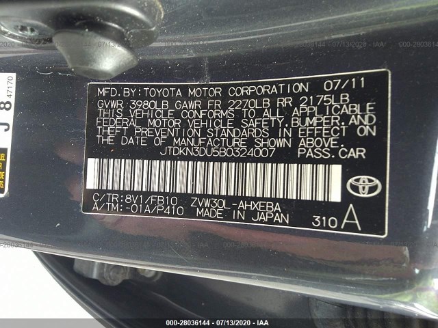 Photo 8 VIN: JTDKN3DU5B0324007 - TOYOTA PRIUS 