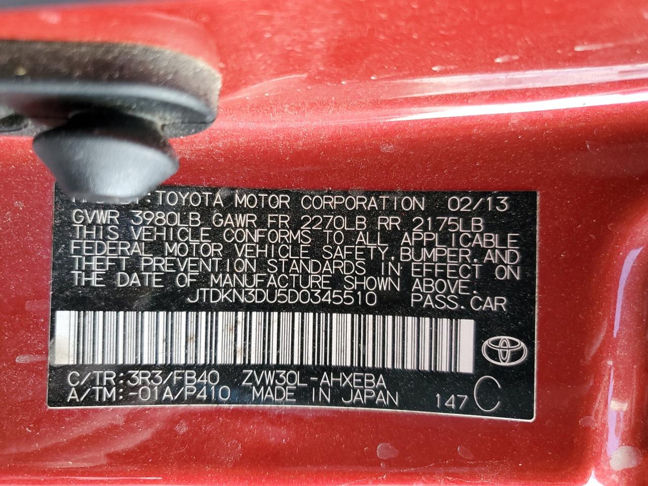 Photo 11 VIN: JTDKN3DU5D0345510 - TOYOTA PRIUS 