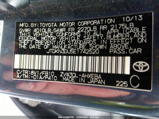 Photo 8 VIN: JTDKN3DU5E1742520 - TOYOTA PRIUS 