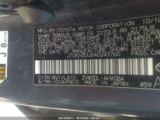 Photo 8 VIN: JTDKN3DU6A0243760 - TOYOTA PRIUS 