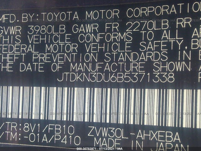 Photo 8 VIN: JTDKN3DU6B5371338 - TOYOTA PRIUS 