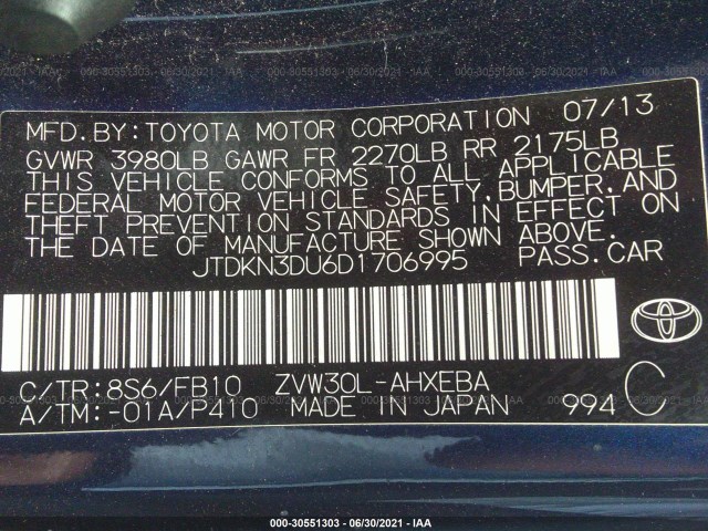 Photo 8 VIN: JTDKN3DU6D1706995 - TOYOTA PRIUS 