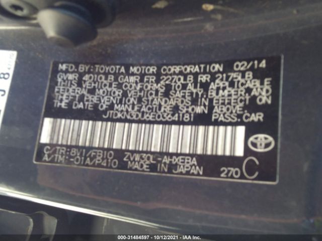 Photo 8 VIN: JTDKN3DU6E0364181 - TOYOTA PRIUS 