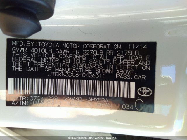 Photo 8 VIN: JTDKN3DU6F0426311 - TOYOTA PRIUS 