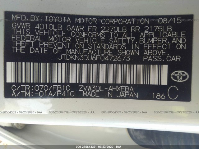 Photo 8 VIN: JTDKN3DU6F0472673 - TOYOTA PRIUS 