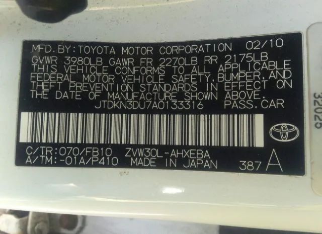 Photo 8 VIN: JTDKN3DU7A0133316 - TOYOTA PRIUS 