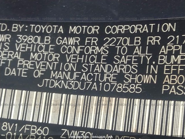 Photo 8 VIN: JTDKN3DU7A1078585 - TOYOTA PRIUS 