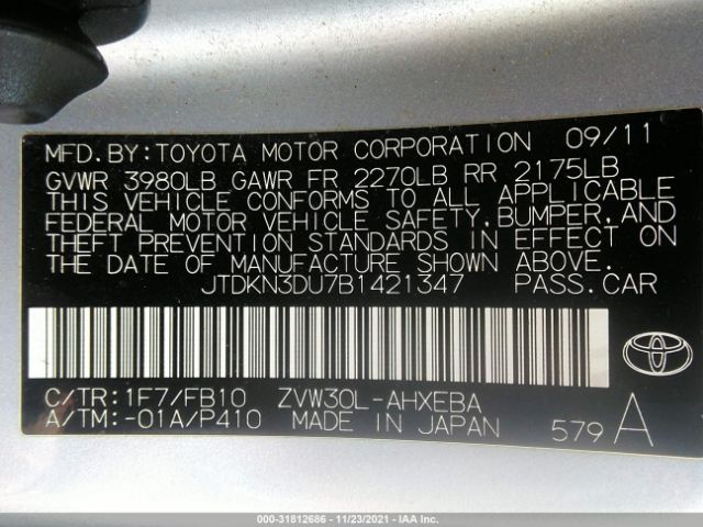 Photo 8 VIN: JTDKN3DU7B1421347 - TOYOTA PRIUS 