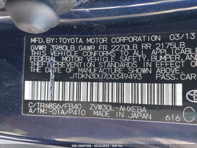 Photo 8 VIN: JTDKN3DU7D0349493 - TOYOTA PRIUS 