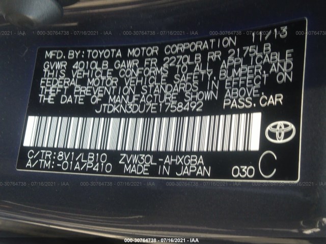 Photo 8 VIN: JTDKN3DU7E1758492 - TOYOTA PRIUS 