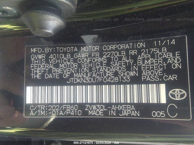 Photo 8 VIN: JTDKN3DU7F0428133 - TOYOTA PRIUS 