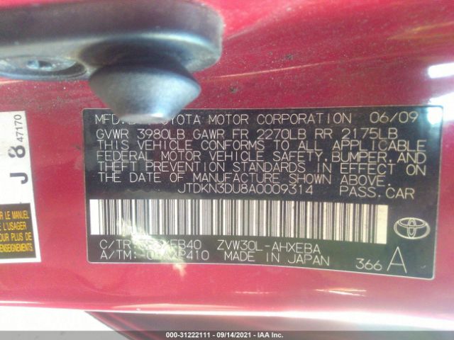 Photo 8 VIN: JTDKN3DU8A0009314 - TOYOTA PRIUS 