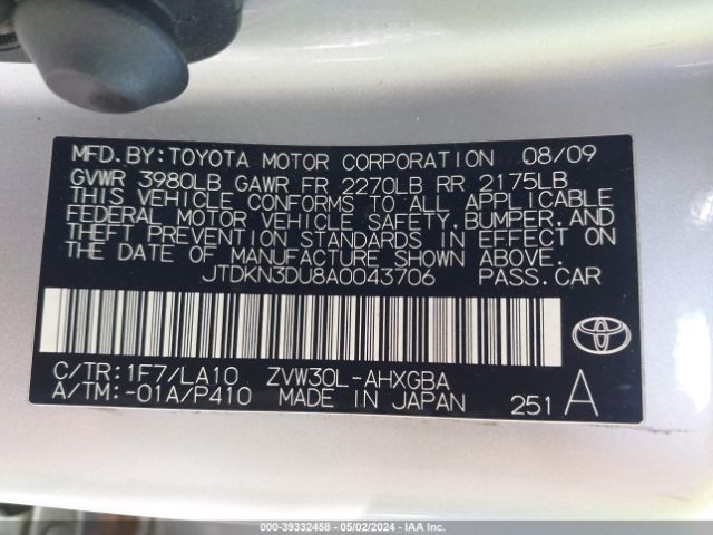 Photo 8 VIN: JTDKN3DU8A0043706 - TOYOTA PRIUS 