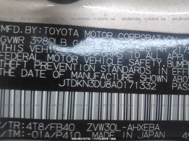 Photo 8 VIN: JTDKN3DU8A0171332 - TOYOTA PRIUS 