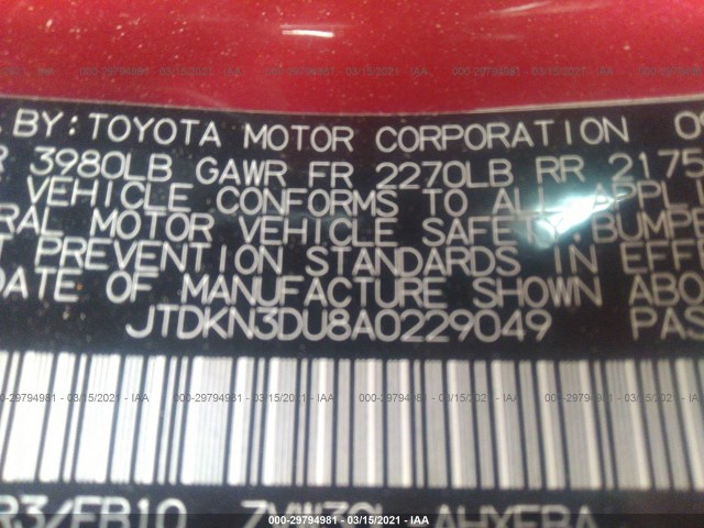 Photo 8 VIN: JTDKN3DU8A0229049 - TOYOTA PRIUS 