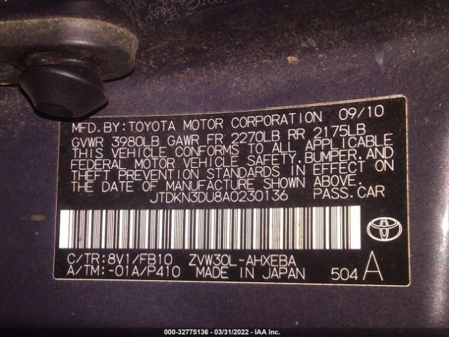 Photo 8 VIN: JTDKN3DU8A0230136 - TOYOTA PRIUS 