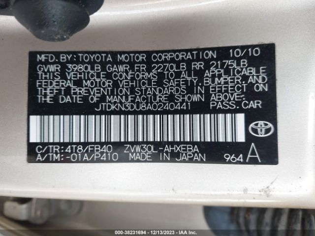 Photo 8 VIN: JTDKN3DU8A0240441 - TOYOTA PRIUS 