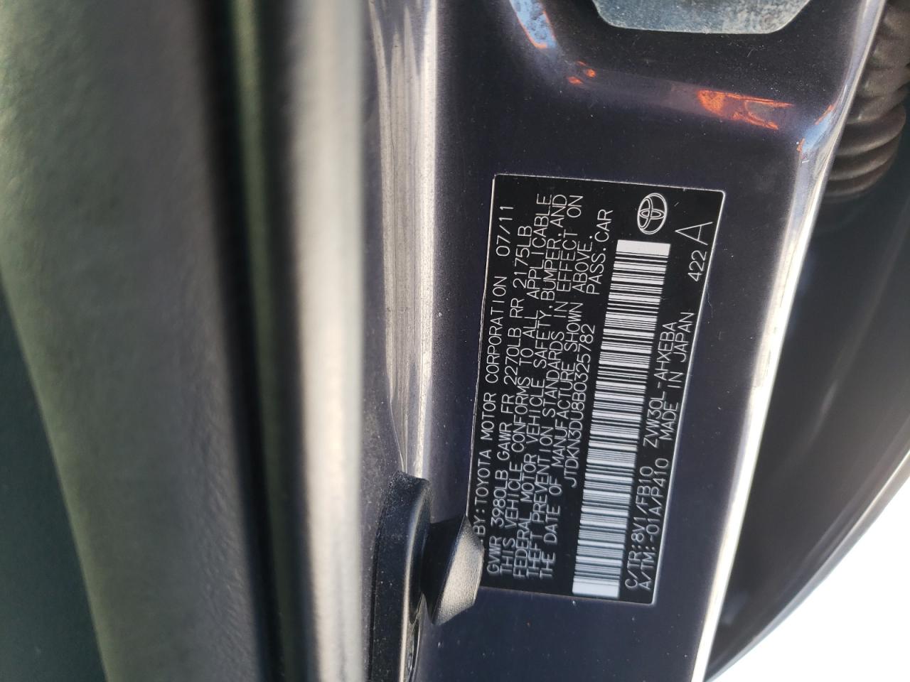 Photo 11 VIN: JTDKN3DU8B0325782 - TOYOTA PRIUS 