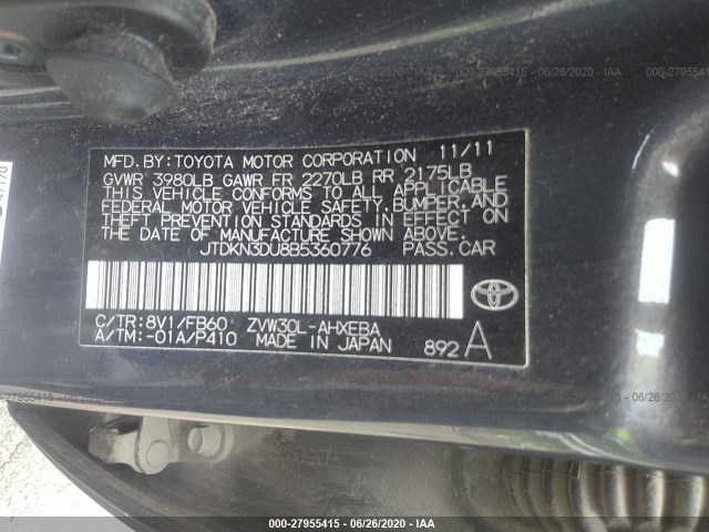 Photo 8 VIN: JTDKN3DU8B5360776 - TOYOTA PRIUS 