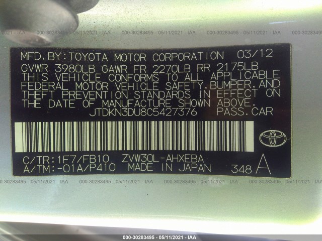 Photo 8 VIN: JTDKN3DU8C5427376 - TOYOTA PRIUS 