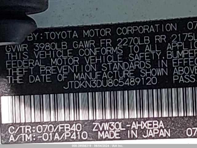 Photo 8 VIN: JTDKN3DU8C5489120 - TOYOTA PRIUS 