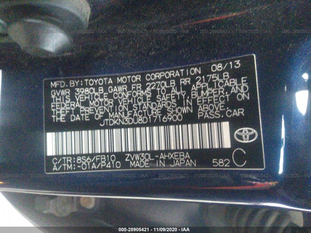 Photo 8 VIN: JTDKN3DU8D1716900 - TOYOTA PRIUS 