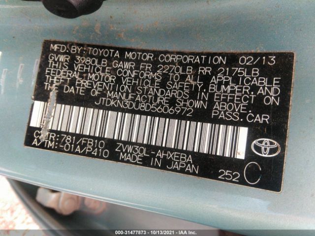 Photo 8 VIN: JTDKN3DU8D5606972 - TOYOTA PRIUS 