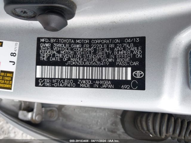 Photo 8 VIN: JTDKN3DU8D5635419 - TOYOTA PRIUS 