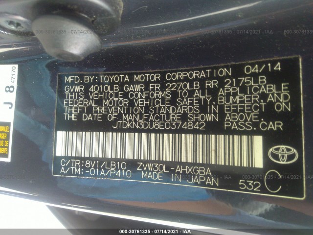 Photo 8 VIN: JTDKN3DU8E0374842 - TOYOTA PRIUS 