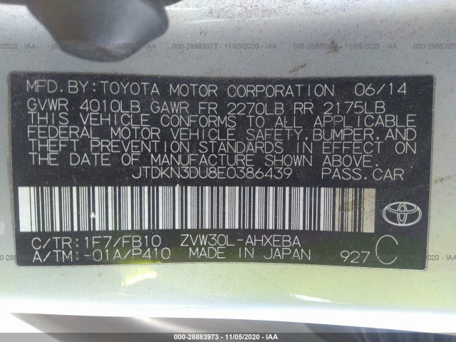 Photo 8 VIN: JTDKN3DU8E0386439 - TOYOTA PRIUS 