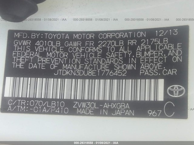 Photo 8 VIN: JTDKN3DU8E1776452 - TOYOTA PRIUS 