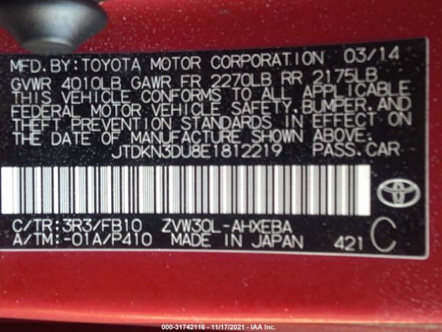 Photo 8 VIN: JTDKN3DU8E1812219 - TOYOTA PRIUS 