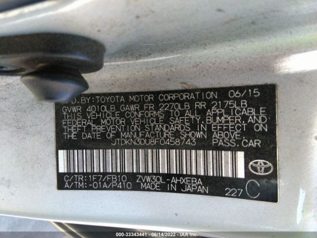 Photo 8 VIN: JTDKN3DU8F0458743 - TOYOTA PRIUS 