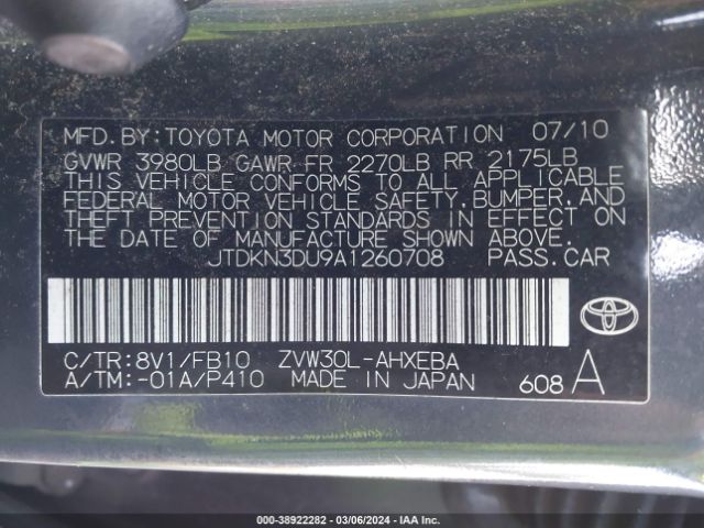 Photo 8 VIN: JTDKN3DU9A1260708 - TOYOTA PRIUS 