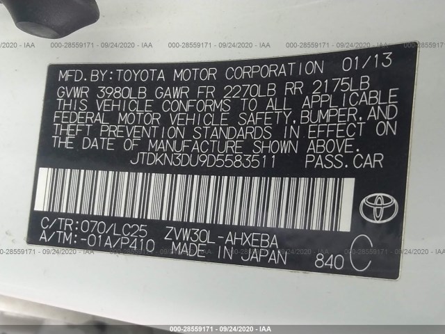 Photo 8 VIN: JTDKN3DU9D5583511 - TOYOTA PRIUS 