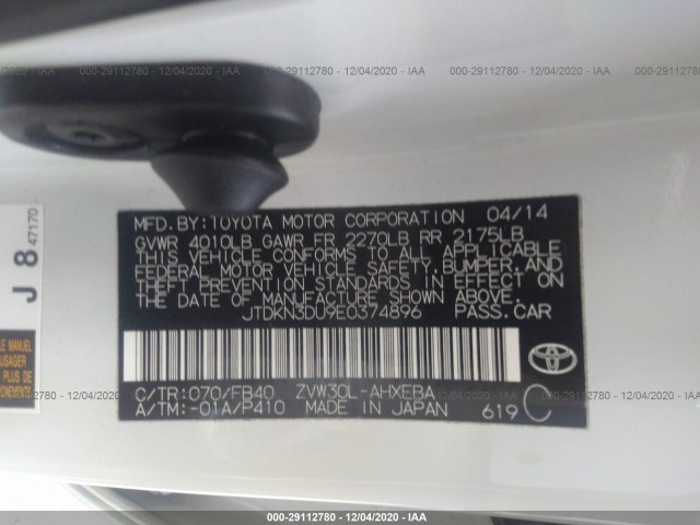 Photo 8 VIN: JTDKN3DU9E0374896 - TOYOTA PRIUS 