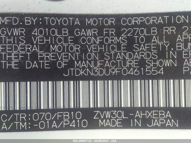 Photo 8 VIN: JTDKN3DU9F0461554 - TOYOTA PRIUS 