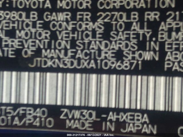 Photo 8 VIN: JTDKN3DUXA1096871 - TOYOTA PRIUS 