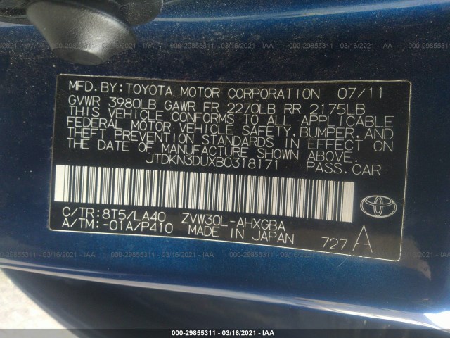 Photo 8 VIN: JTDKN3DUXB0318171 - TOYOTA PRIUS 