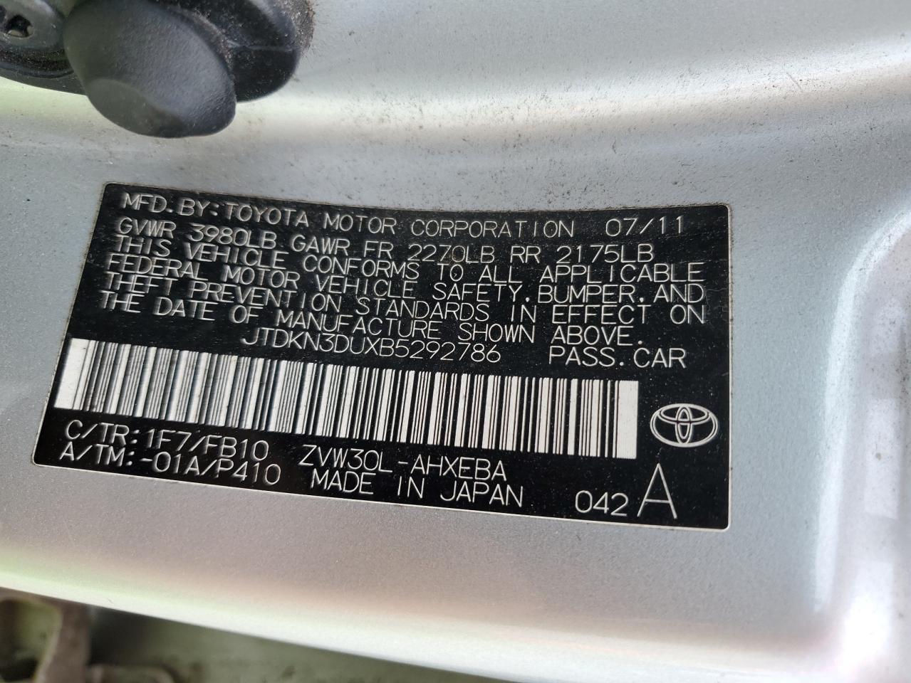 Photo 12 VIN: JTDKN3DUXB5292786 - TOYOTA PRIUS 