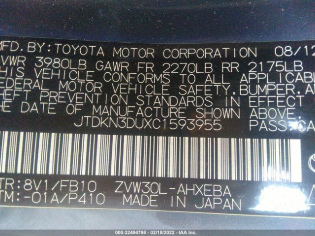 Photo 8 VIN: JTDKN3DUXC1593955 - TOYOTA PRIUS 