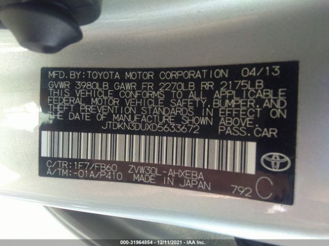 Photo 8 VIN: JTDKN3DUXD5633672 - TOYOTA PRIUS 