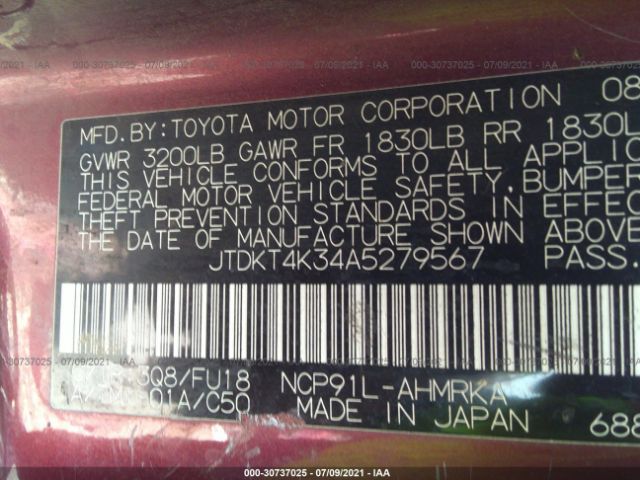 Photo 8 VIN: JTDKT4K34A5279567 - TOYOTA YARIS 