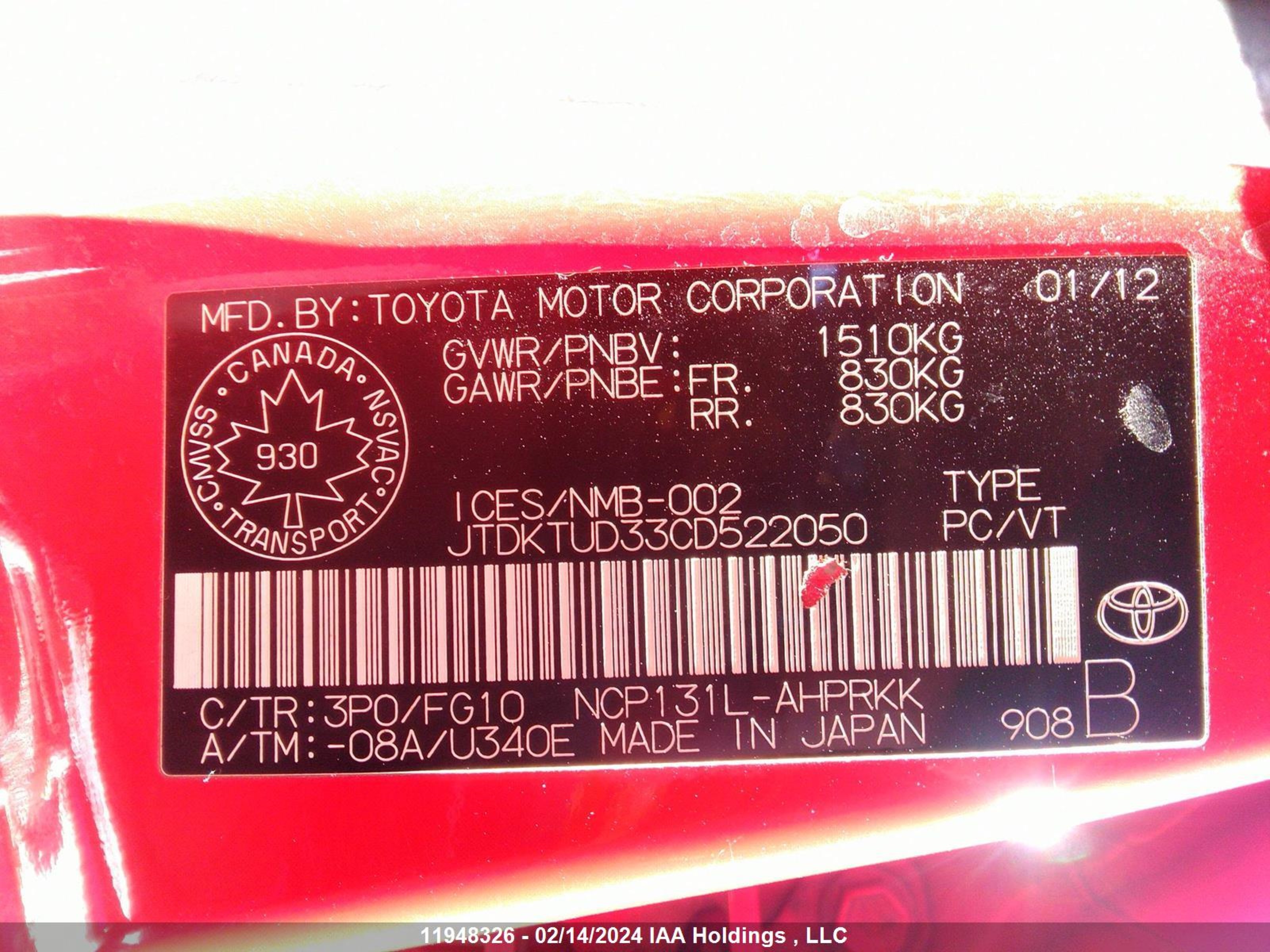 Photo 8 VIN: JTDKTUD33CD522050 - TOYOTA YARIS 