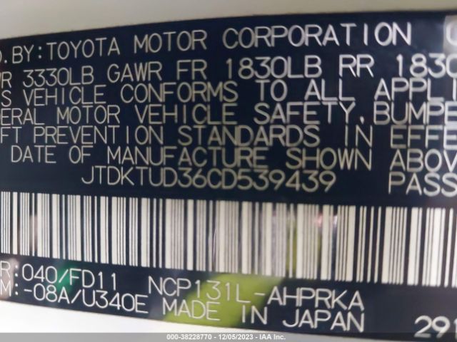 Photo 8 VIN: JTDKTUD36CD539439 - TOYOTA YARIS 