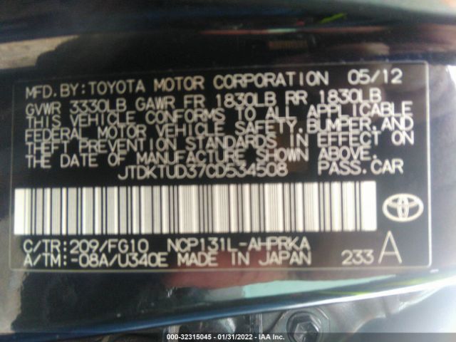 Photo 8 VIN: JTDKTUD37CD534508 - TOYOTA YARIS 