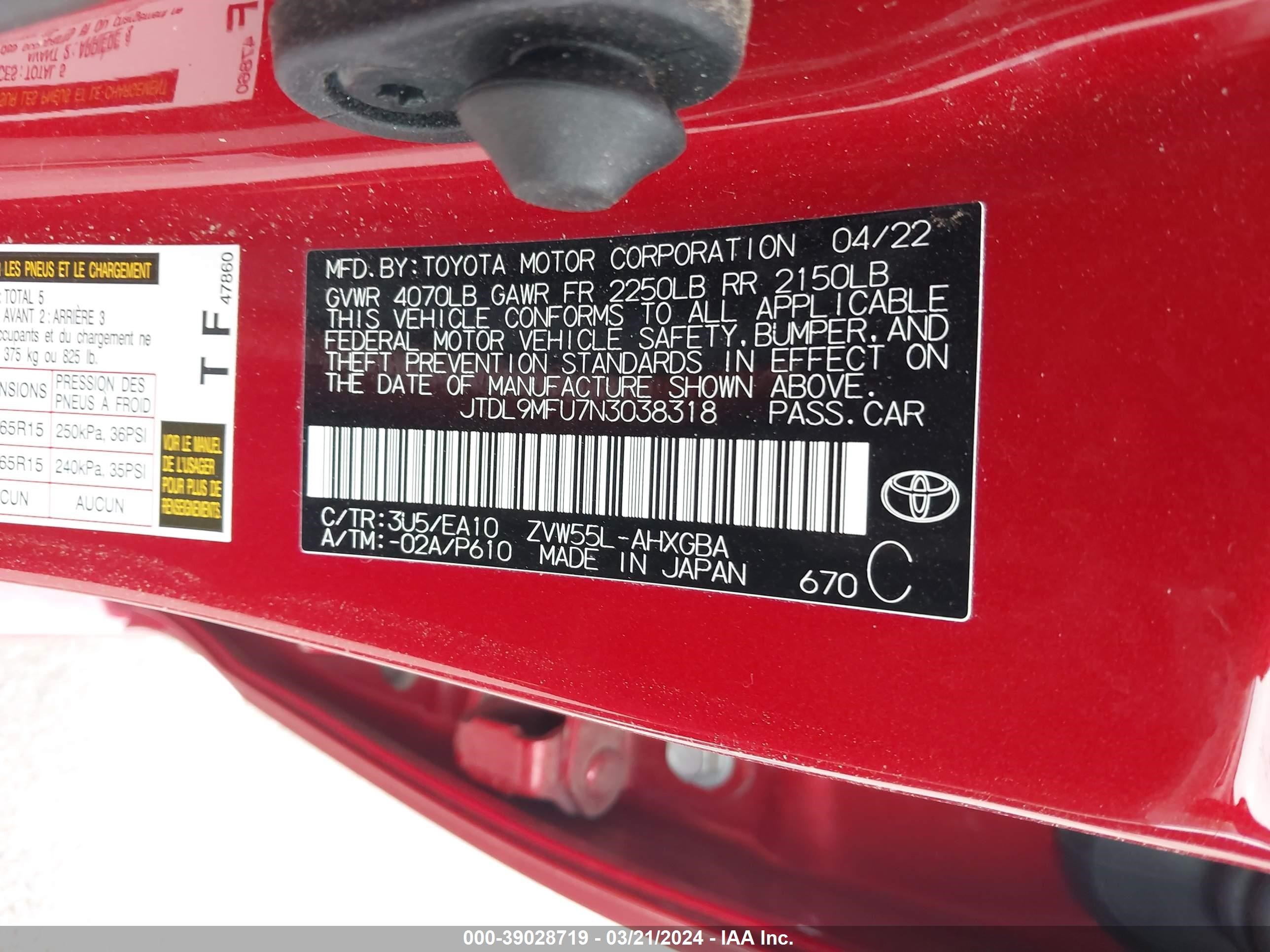 Photo 8 VIN: JTDL9MFU7N3038318 - TOYOTA PRIUS 