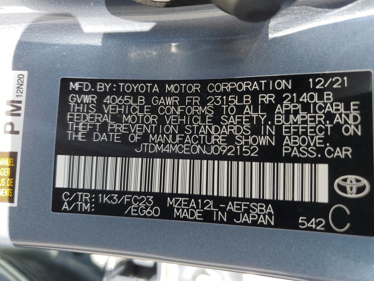 Photo 11 VIN: JTDM4MCE0NJ092152 - TOYOTA COROLLA 