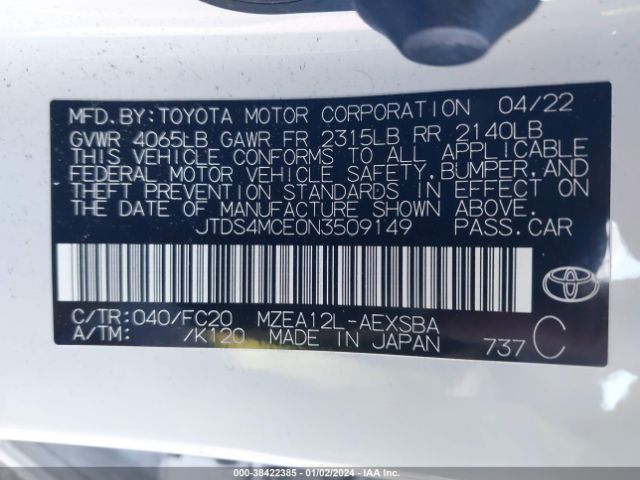 Photo 8 VIN: JTDS4MCE0N3509149 - TOYOTA COROLLA 